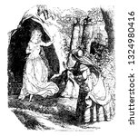 In Friesland there were amount of fairies who were staying in the caves, around the mountains, and they do not came out only in the moonlight., vintage line art illustration. Infernal Dictionary 1863.