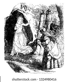 In Friesland there were amount of fairies who were staying in the caves, around the mountains, and they do not came out only in the moonlight., vintage line art illustration. Infernal Dictionary 1863.