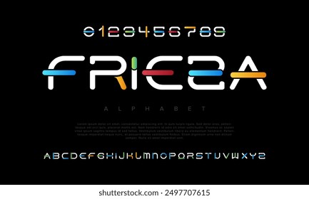 Frieza creative modern geometric urban alphabet font. Digital abstract futuristic, game, techno, robot, music, logo, sport, minimal technology typography. Simple numeric vector illustration