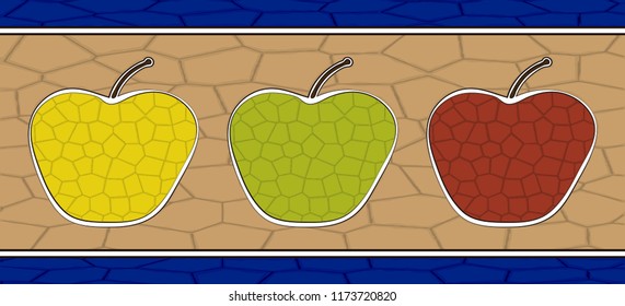 Frieze with apples of three different colors on a light brown background, stained glass style.