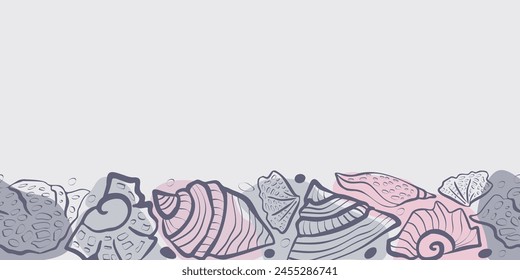 Frieze with Linear drawing of seashells. Blue Background. Texture with ovals and stripes. Dark blue colour. For textile, fabric, wrapping, inventation, postcard