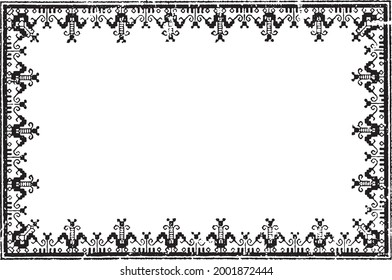 Frieze, old rectangular frame, dating from the beginning of the 20th century. The pattern is like an abstract embroidery. Vectorized. Black on a white background, to color yourself.