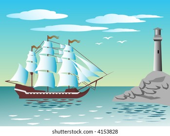 Frigate is arriving in a port near the lighthouse.
