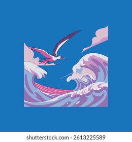 Frigate bird soaring above ocean waves, full body in flight, dramatic sea backdrop