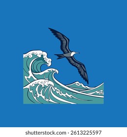 Frigate bird soaring above ocean waves, full body in flight, dramatic sea backdrop