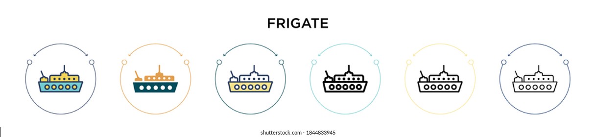 Frigate icon in filled, thin line, outline and stroke style. Vector illustration of two colored and black frigate vector icons designs can be used for mobile, ui, web