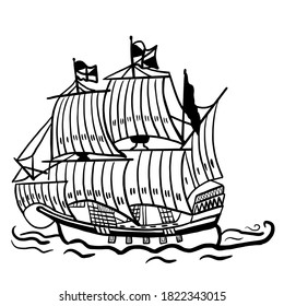 Frigate sailing ship hand drawn vector illustration isolated on white background 
