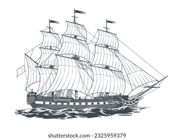 Frigate ship, vintage military sailboat in silhouette isolated on white background. Hand drawn engraving style vector illustration.