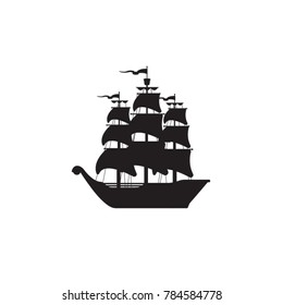 Frigate vector silhouette. Vintage ship with sails. Sailing ship illustration. Navy silhouette of the ship