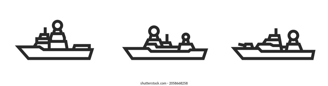 conjunto de iconos de línea de buque de guerra de fragata. símbolos de barcos militares. imágenes vectoriales aisladas