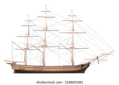 Frigate without sails. Big wooden ship. Vector illustration isolated on white background.