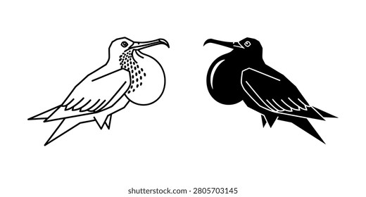 Frigatebird with gular pouch outline and silhouette inflated pouch graphic design white background bird outline frigatebird silhouette wildlife