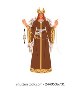 Frigg, Norse and Germanic goddess. Old Scandinavian woman, lady deity, ancient pagan Nordic mythology. Barbarian myth character. Flat graphic vector illustration isolated on white background