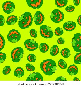 Fright atmosphere in halloween day background. Pumpkins on a lime green yellow background