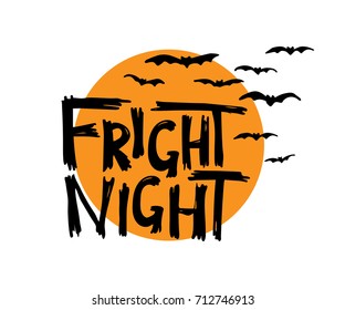 Fright night. Halloween hand drawn lettering on orange moon background. Vector illustration.