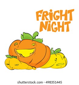 Fright night. Halloween party hand drawn lettering and sketch card with cute pumpkins. Fun colorful brush ink typography greeting card, illustration for t-shirt print, banner, flyer, poster design