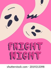 Fright night halloween poster with creepy ghosts for party. Hand drawn lettering design. October holiday celebration print template. Vector inspiration slogan, isolated illustration on pink background