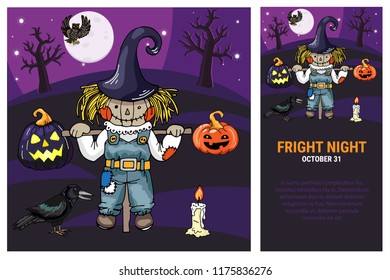 Fright night - template for cards, posters, flyers, invitations. Halloween scene vector hand drawn line illustration