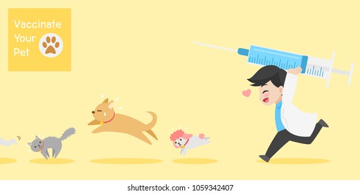 Frighten cute dogs, cat run doctor with injection needle character for vaccinate pets on background, vaccine concept