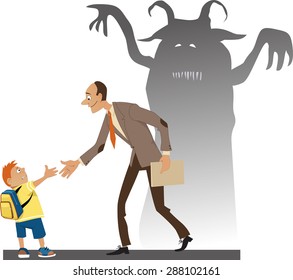 Frighten little kid with a backpack shaking hand with a friendly teacher, who's shadow loos like a horrible monster, vector illustration, no transparencies, EPS 8