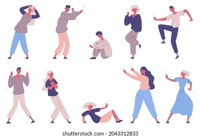 Frightened afraid people, panic attack, scared emotion characters. Terrified, afraid male and female characters vector illustration set. Emotional horrified person. Fear and panic, frightened