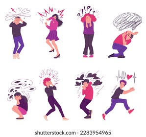 Frightened afraid people running in panic. Characters set for human expression and reaction in panic, flat vector illustration isolated on white background.