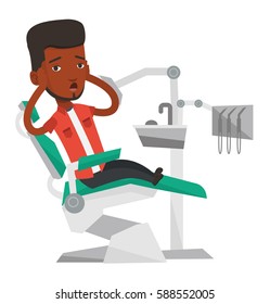 Frightened african patient at dentist office. Scared man in dental clinic. Guy visiting dentist. Afraid man sitting in dental chair. Vector flat design illustration isolated on white background.