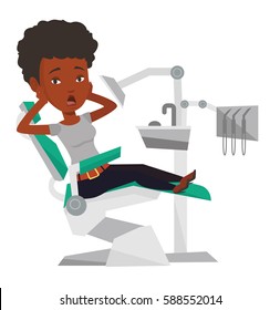 Frightened african patient at dentist office. Scared woman in dental clinic. Girl visiting dentist. Afraid woman sitting in dental chair. Vector flat design illustration isolated on white background.