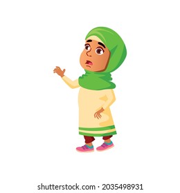 frightened arab girl child forgot toy in kindergarten cartoon vector. frightened arab girl child forgot toy in kindergarten character. isolated flat cartoon illustration