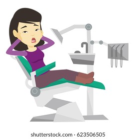 Frightened asian patient sitting in dentist office. Scared woman visiting dentist in dental clinic. Afraid woman sitting in dental chair. Vector flat design illustration isolated on white background.