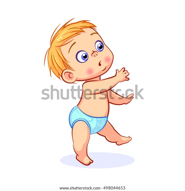 青いおむつを着たおびえた少年が 彼の最初の一歩を踏み出す 歩くことを学ぶ赤ちゃんのベクターイラスト のベクター画像素材 ロイヤリティフリー