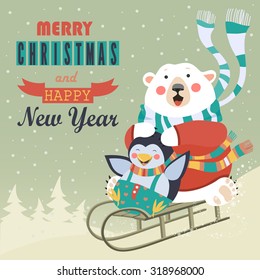 Frightened bear and happy penguin rolling down a hill on sleds. Vector greeting card