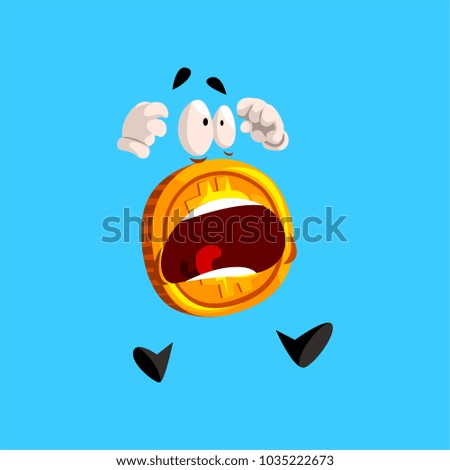 Frightened bitcoin character screaming, funny crypto currency emoticon vector Illustration on a sky blue background