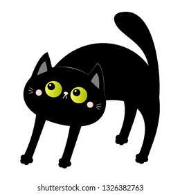 Frightened black cat arch back. Screaming kitten. Hair fur stands on end. Green eyes, fangs, moustaches whisker. Cute funny cartoon character. Happy Halloween. White background. Flat design. Vector
