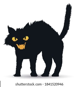 Frightened black cat with bristly fur and its tail elevated, isolated over white background.