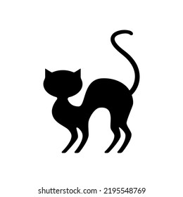 Frightened black cat silhouette. An embittered animal with raised tail rears up. Creep design for halloween holiday and vector art