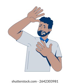 Frightened black man with beard shielding face with hand 2D cartoon character. Anxiety, panic reaction. Scared african american male flat vector person isolated on white. Spot illustration colorful