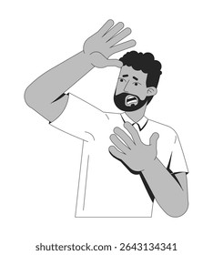 Frightened black man with beard shielding face with hand 2D line character. Anxiety, panic reaction. Scared african american male isolated vector ink outline person. Monochromatic spot illustration
