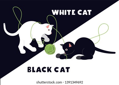 Frightened black and white kittens arch their back and hiss. Funny monochrome cats isolated suitable for cards, t-shirts and other. Flat Art Vector illustration