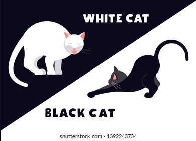 Frightened black and white kittens arch their back and hiss. Funny monochrome cats isolated suitable for cards, t-shirts and other. Flat Art Vector illustration