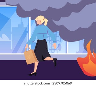 Frightened blonde girl with a bag quickly runs, evacuates from fire. Vector Illustration of alarm, smoke, fire emergency on the background of the windows of the building or in the office in flat