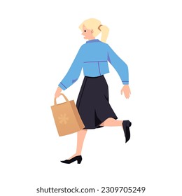 Frightened blonde girl in a black skirt with a bag quickly runs, evacuates. Vector Illustration isolated on white background for emergency, alert concept