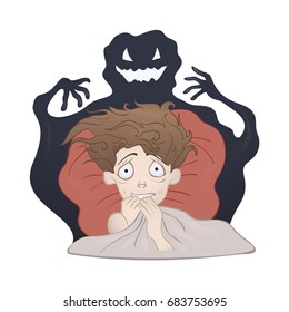 Frightened Boy in bed and the creepy shadow monster. Fear of the dark, nightmare. Vector illustration, isolated on white background.