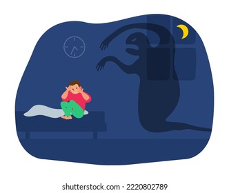 frightened boy in bed nightmare scary monster ghost shadow vector illustration