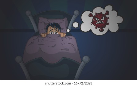 Frightened Boy Character And Nightmare Of Covid 19. Dangerous Coronavirus Outbreak, World Quarantine, Stay At Home.  Vector Cartoon Illustration