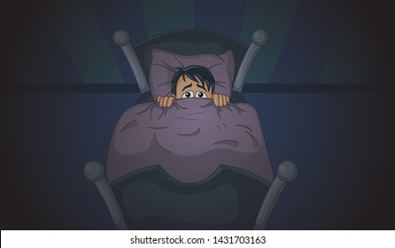 Frightened boy character and nightmare ghost. Vector cartoon illustration