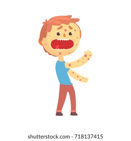 Frightened boy character with a rash on his body cartoon vector illustration