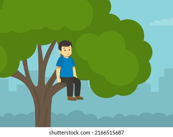 A frightened boy climbed a tree and sits on a branch. Close-up view of a kid. Flat vector illustration template.