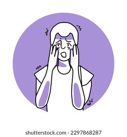 Frightened boy, emotion of fear, facial expression with gestures. Afraid teenager with white hair, expressing his panic feelings. Purple vector circle icon.