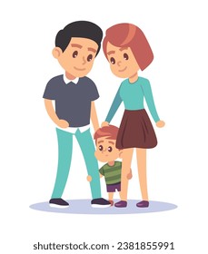 Frightened boy hides behind his parents. Little child afraid. Children emotion. Scared expression. Mom and dad hugging son. Happy family relationships. Cartoon flat isolated vector concept